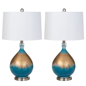 Pemberly Row 27&quot Gold/Blue Glass Table Lamp (Set of 2) 3-Way Switch