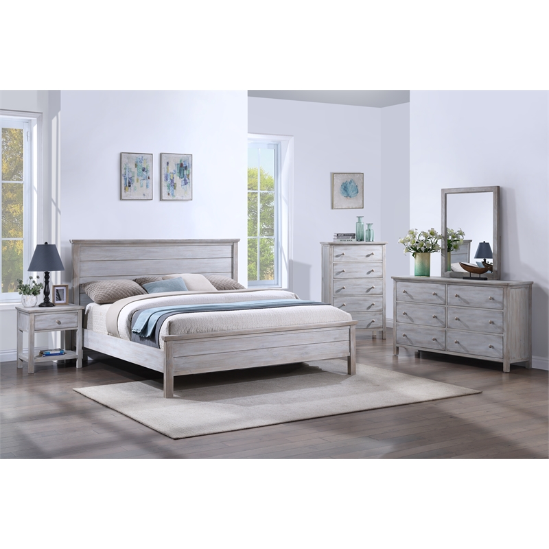 Pemberly Row Solid Wood Queen Panel Bed in Distressed Grey White