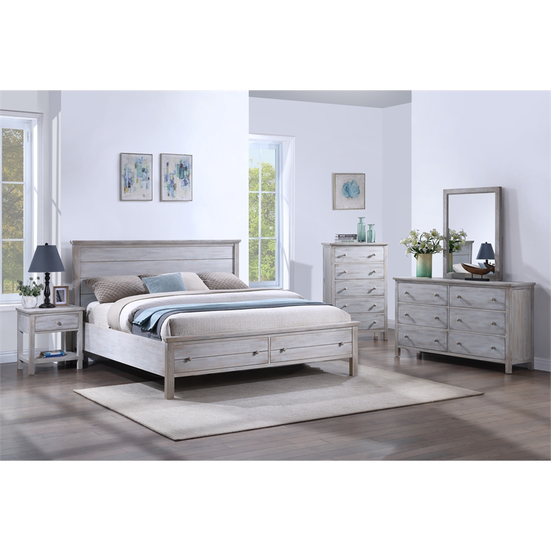 Pemberly Row Solid Wood Queen Storage Bed in Distressed Grey White