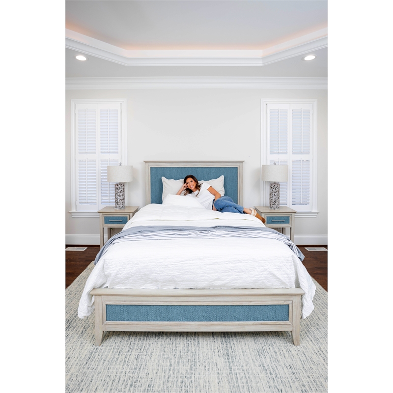Pemberly Row Contemporary Queen Woven Bed in Ocean Blue and Aged Ivory