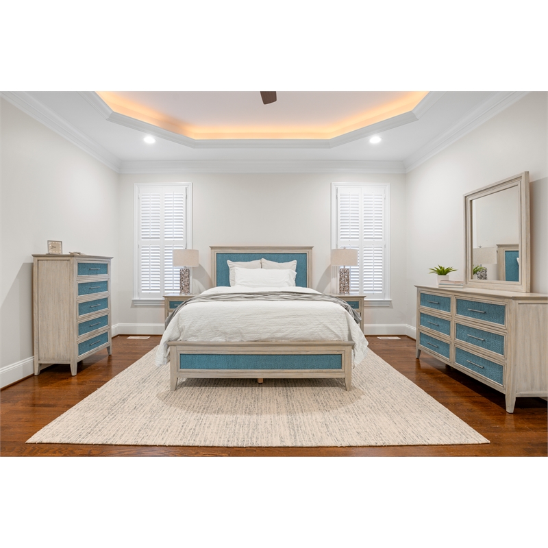 Pemberly Row Contemporary Queen Woven Bed in Ocean Blue and Aged Ivory