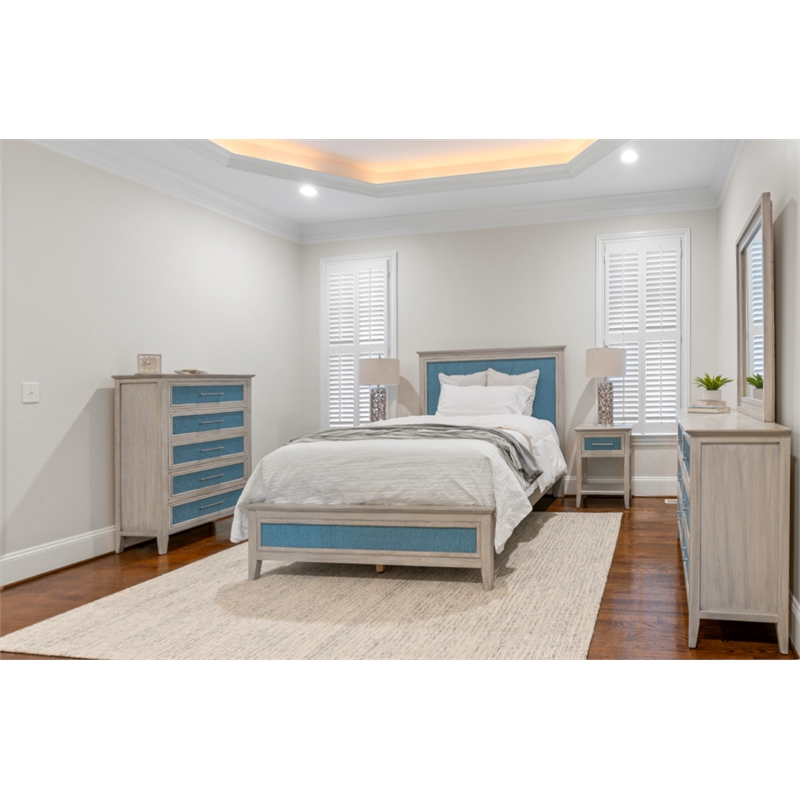 Pemberly Row Contemporary Queen Woven Bed in Ocean Blue and Aged Ivory