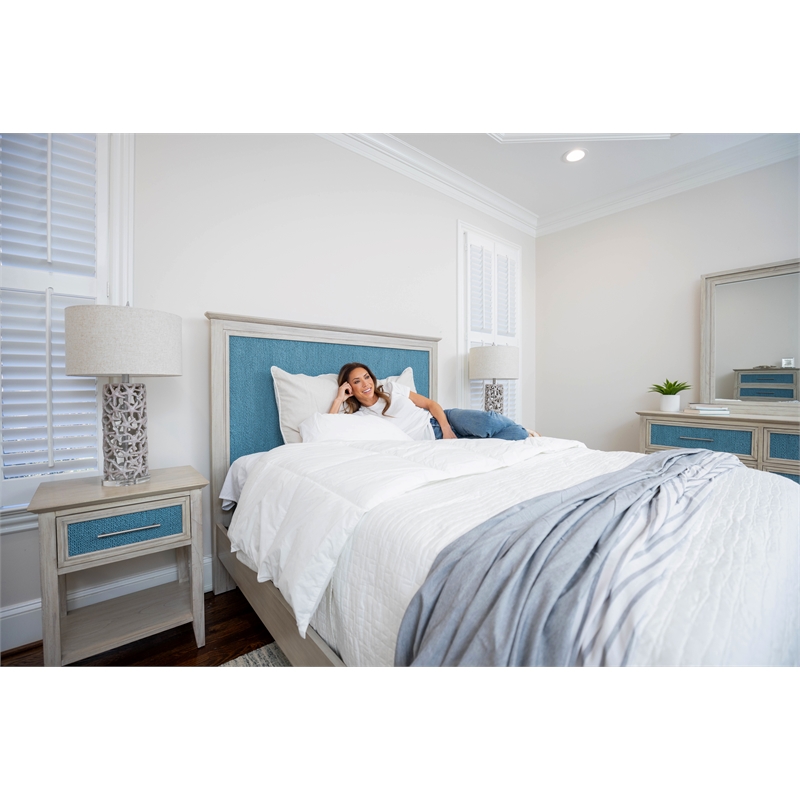 Pemberly Row Contemporary Queen Woven Bed in Ocean Blue and Aged Ivory