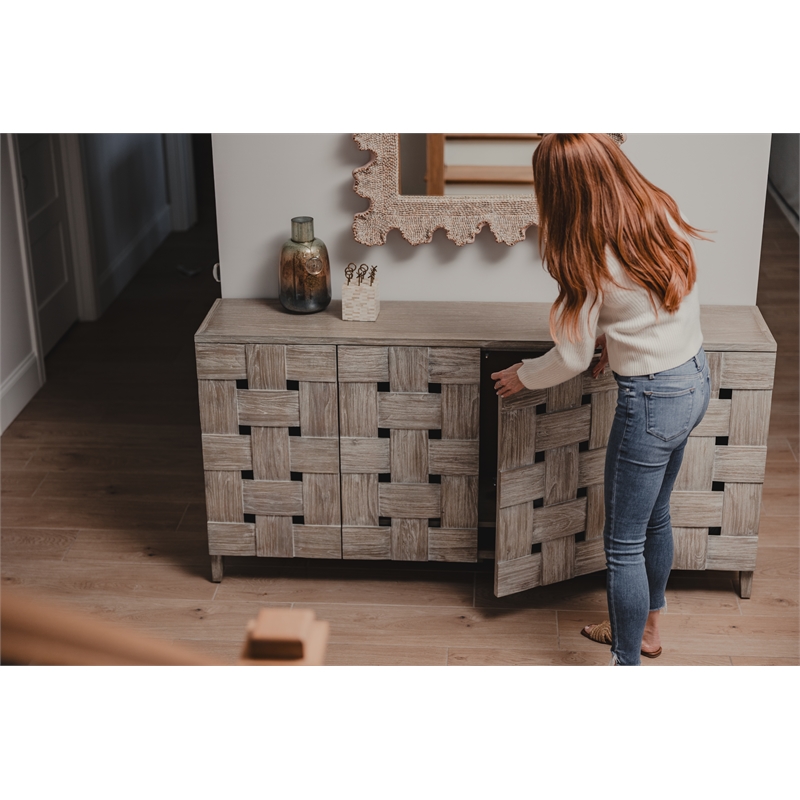 Pemberly Row Contemporary Wooden Weave 4-Door Credenza in Grey Wash