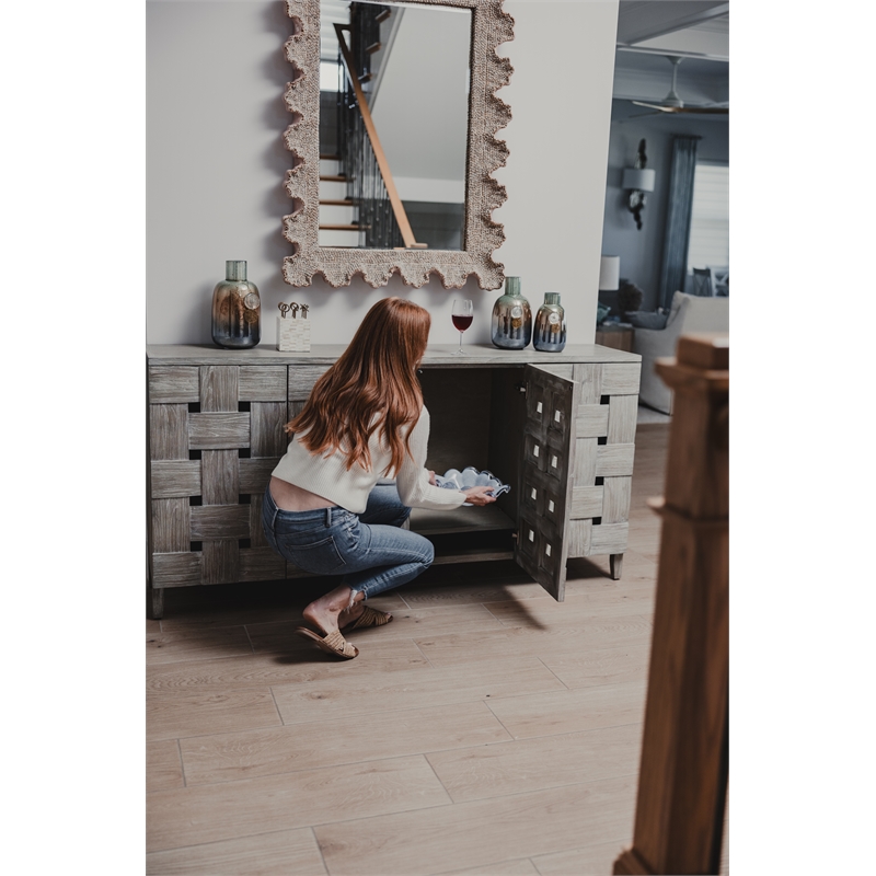 Pemberly Row Contemporary Wooden Weave 4-Door Credenza in Grey Wash