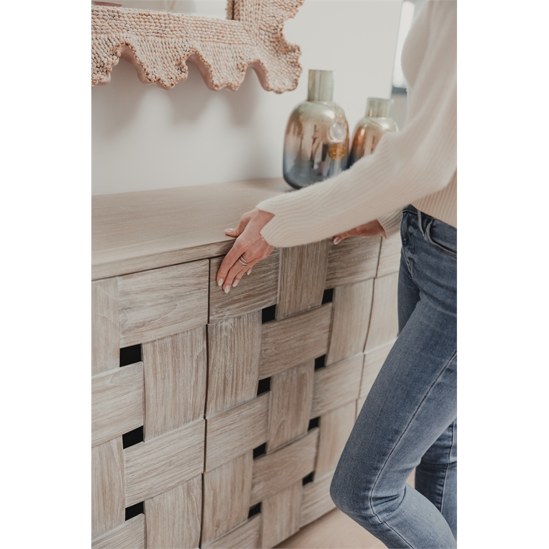 Pemberly Row Contemporary Wooden Weave 4-Door Credenza in Grey Wash