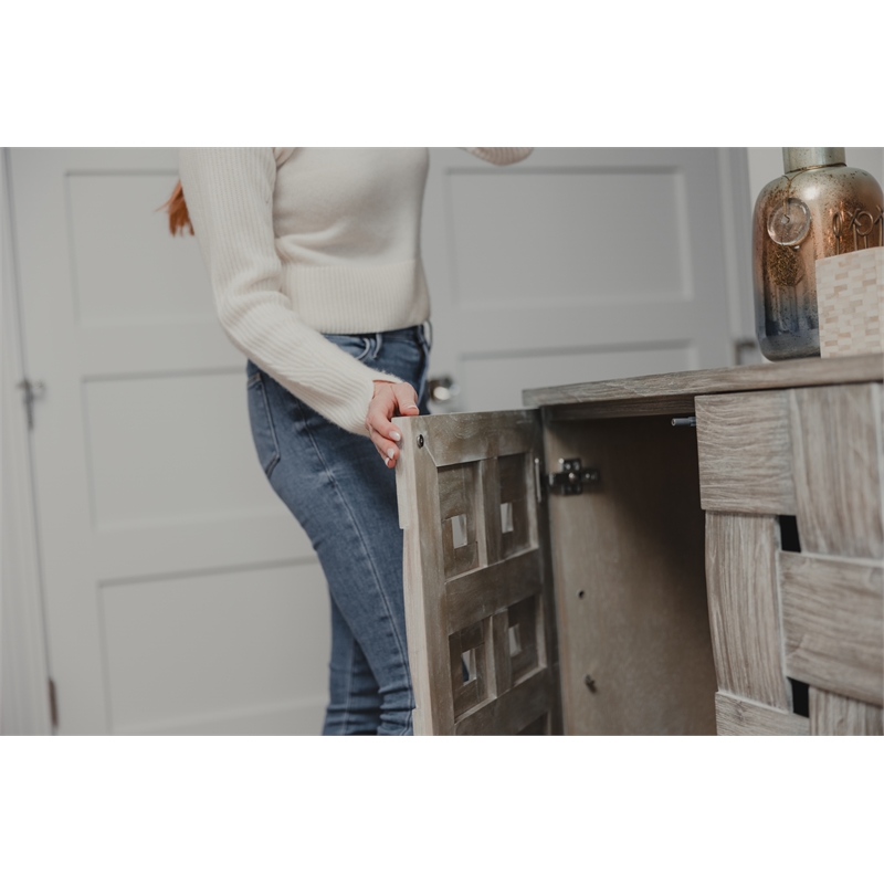 Pemberly Row Contemporary Wooden Weave 4-Door Credenza in Grey Wash