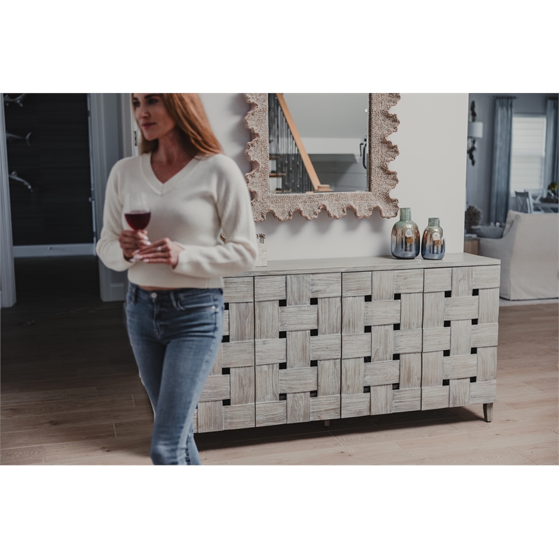 Pemberly Row Contemporary Wooden Weave 4-Door Credenza in Grey Wash