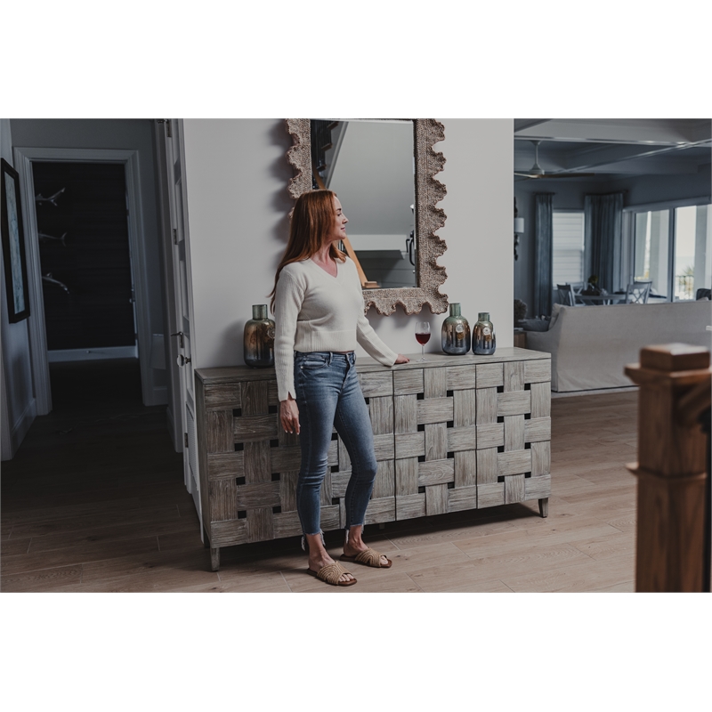 Pemberly Row Contemporary Wooden Weave 4-Door Credenza in Grey Wash