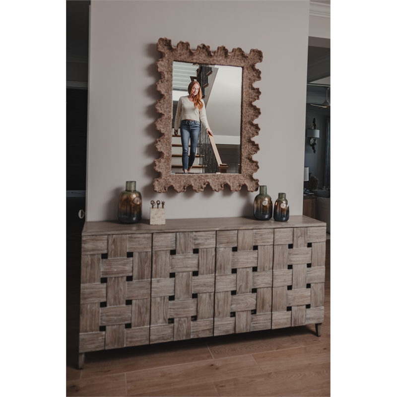 Pemberly Row Contemporary Wooden Weave 4-Door Credenza in Grey Wash