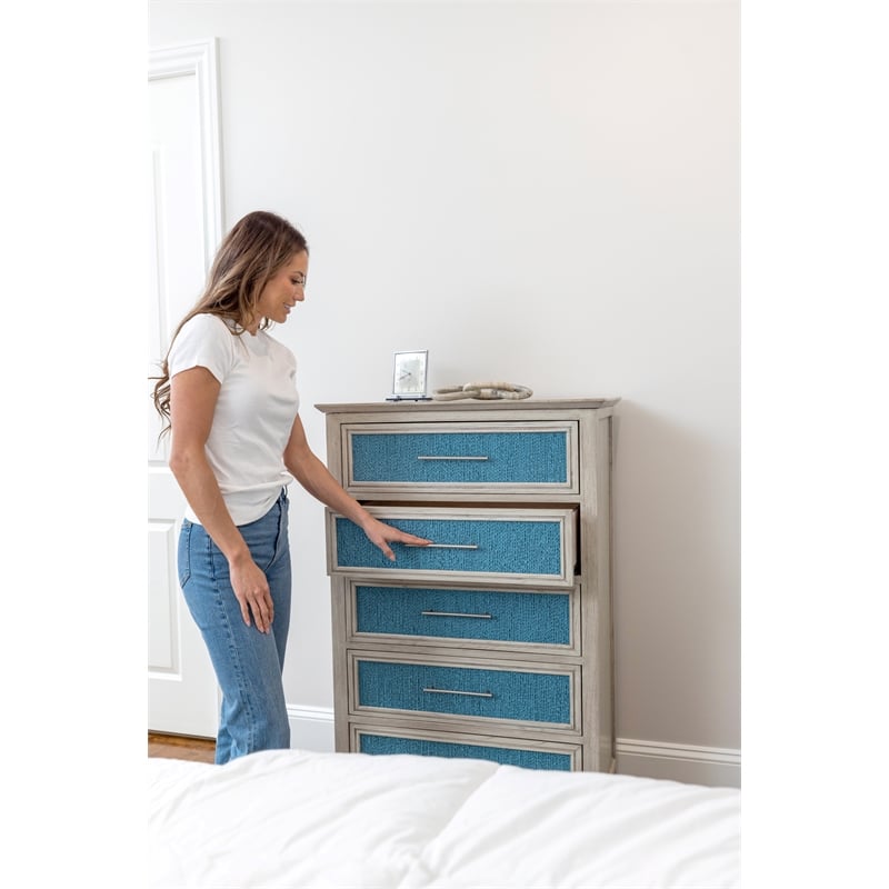 Pemberly Row Contemporary 5-Drawer Woven Chest in Blue & Aged Ivory