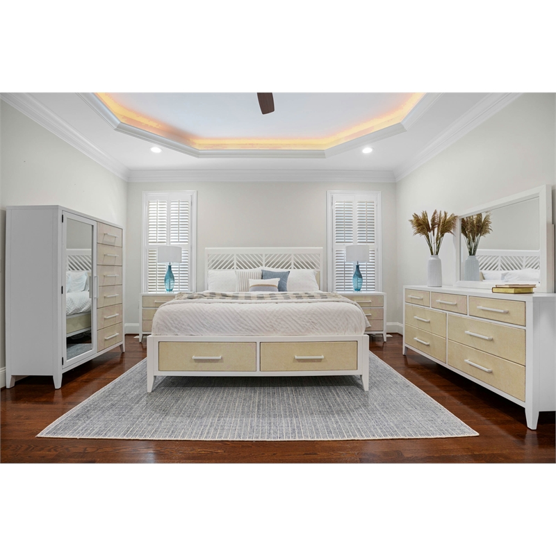 Pemberly Row Contemporary King Woven Storage Bed in Sand and Stark White