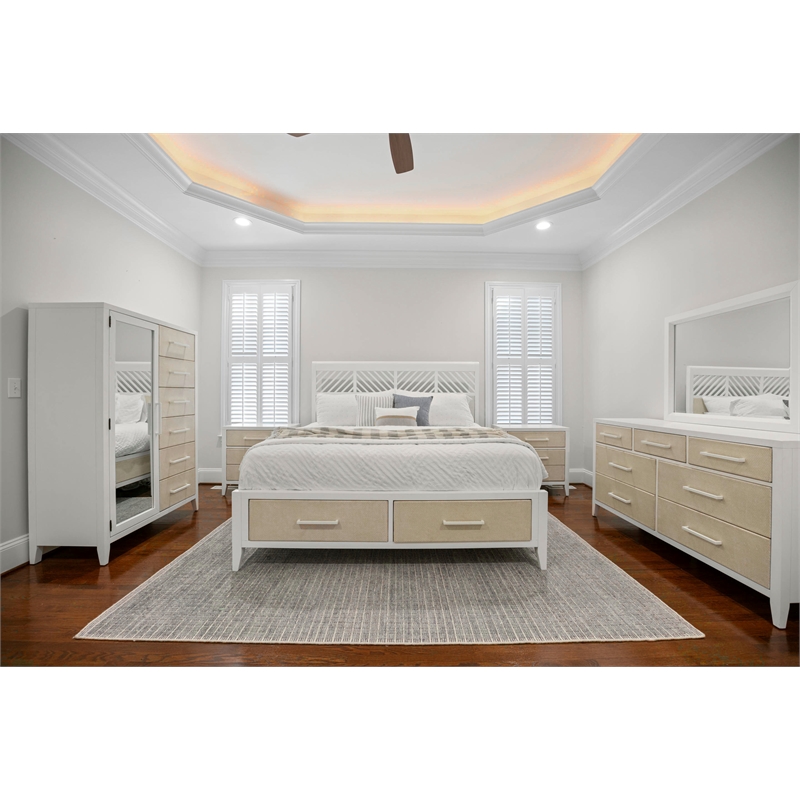Pemberly Row Contemporary King Woven Storage Bed in Sand and Stark White