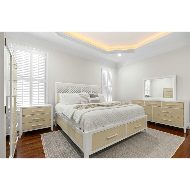 Pemberly Row Contemporary King Woven Storage Bed in Sand and Stark White