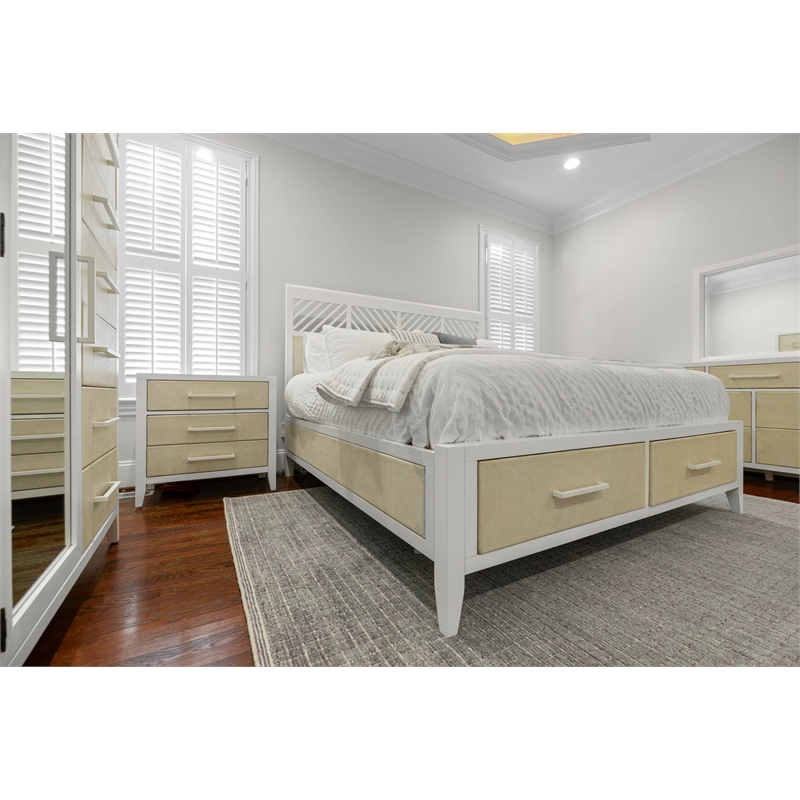Pemberly Row Contemporary King Woven Storage Bed in Sand and Stark White