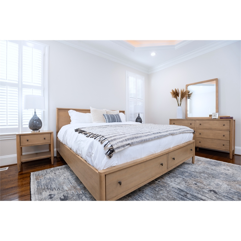 Pemberly Row Queen Low Profile Platform Bed w/ Storage in Maple