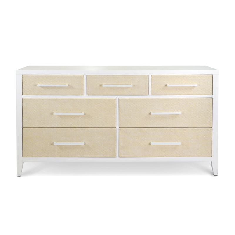 Pemberly Row Contemporary 7-Drawer Woven Dresser in Sand & Stark White