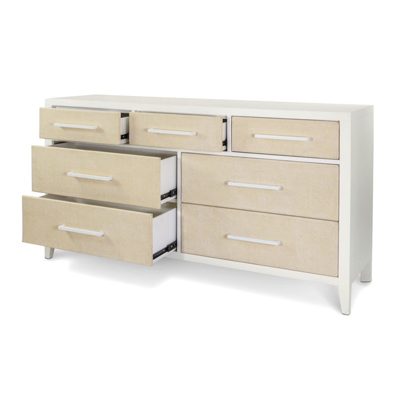 Pemberly Row Contemporary 7-Drawer Woven Dresser in Sand & Stark White