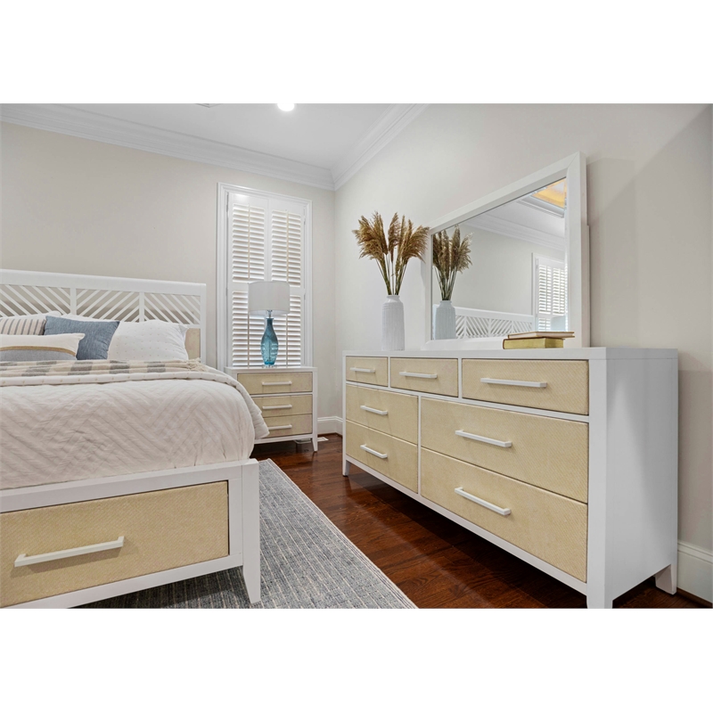 Pemberly Row Contemporary 7-Drawer Woven Dresser in Sand & Stark White