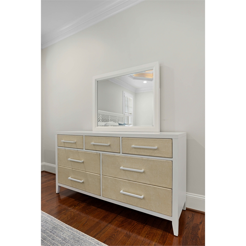 Pemberly Row Contemporary 7-Drawer Woven Dresser in Sand & Stark White