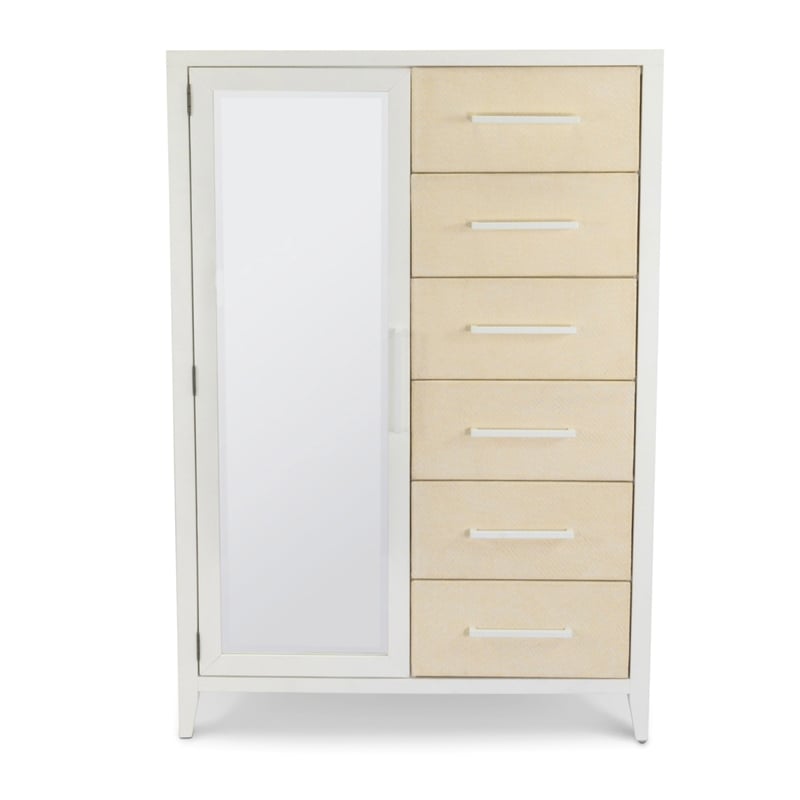 Pemberly Row Woven Mirrored Door Chest in Sand & Stark White