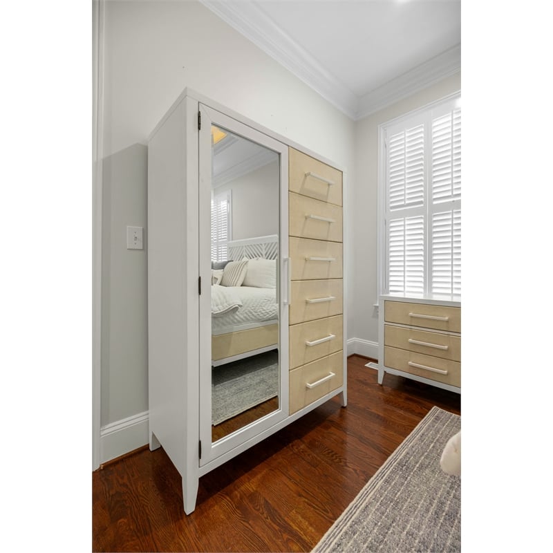 Pemberly Row Woven Mirrored Door Chest in Sand & Stark White