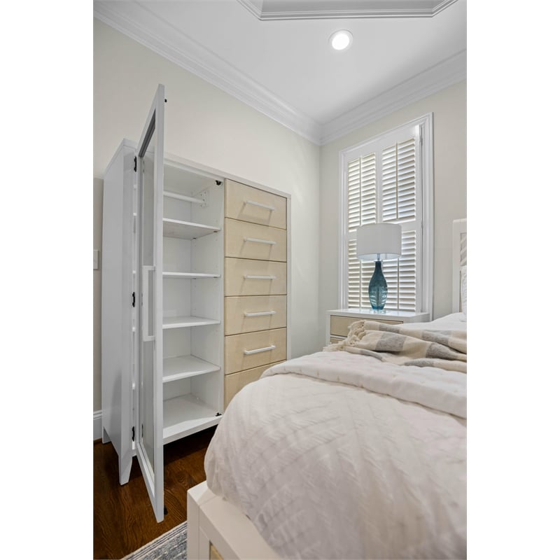 Pemberly Row Woven Mirrored Door Chest in Sand & Stark White