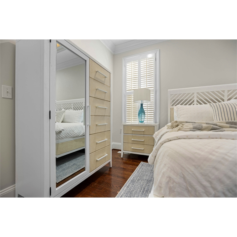 Pemberly Row Woven Mirrored Door Chest in Sand & Stark White