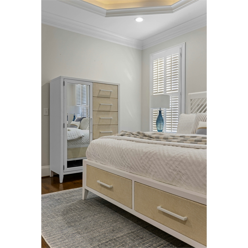 Pemberly Row Woven Mirrored Door Chest in Sand & Stark White