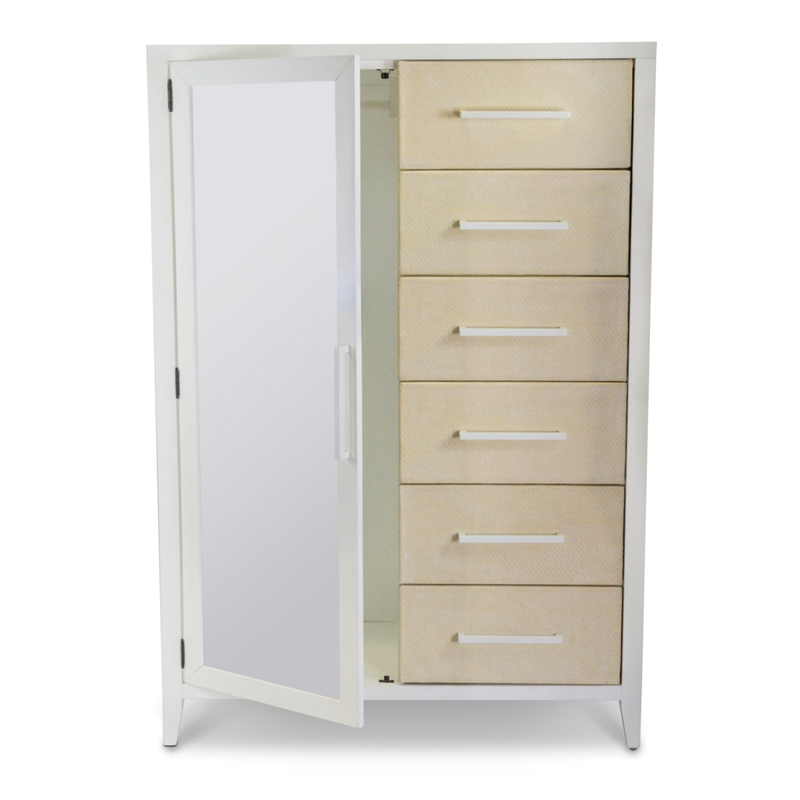 Pemberly Row Woven Mirrored Door Chest in Sand & Stark White
