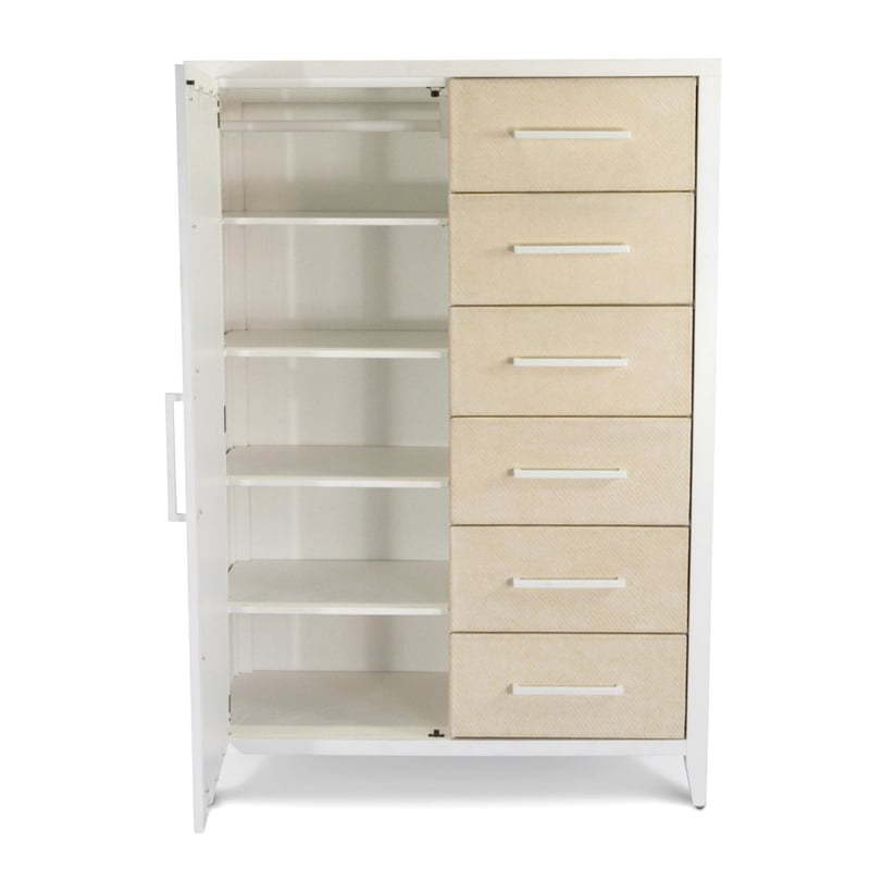 Pemberly Row Woven Mirrored Door Chest in Sand & Stark White