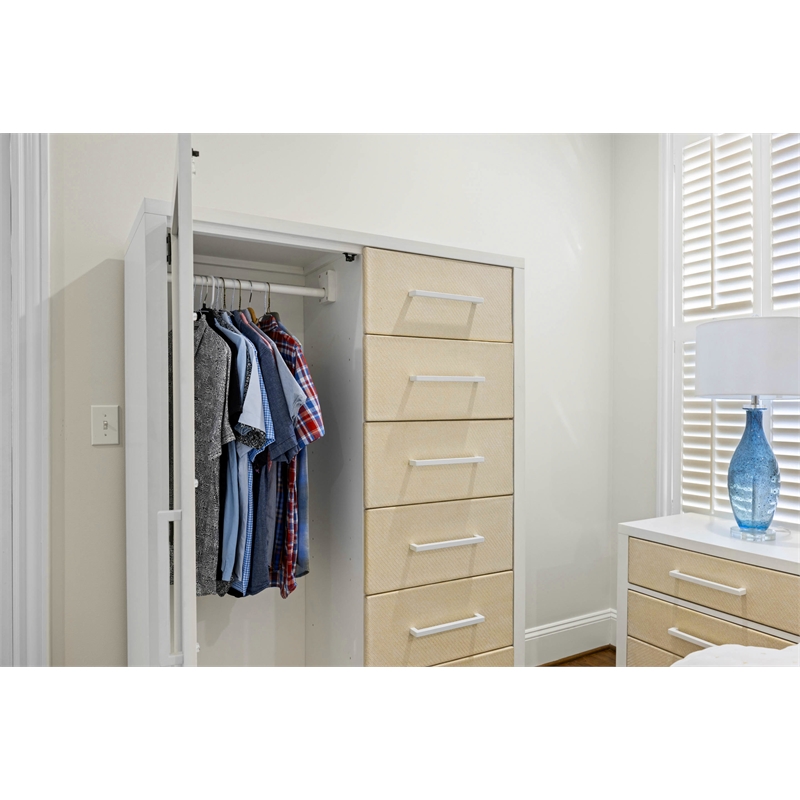 Pemberly Row Woven Mirrored Door Chest in Sand & Stark White