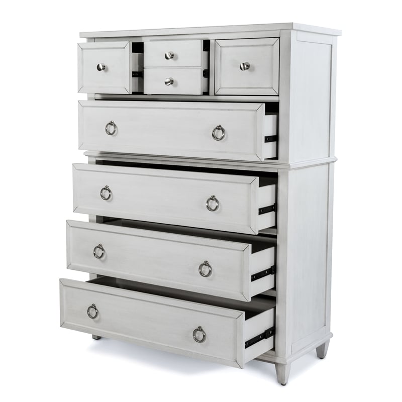 Pemberly Row 5-Drawer Chest in White Finish & Soft Grey Glaze