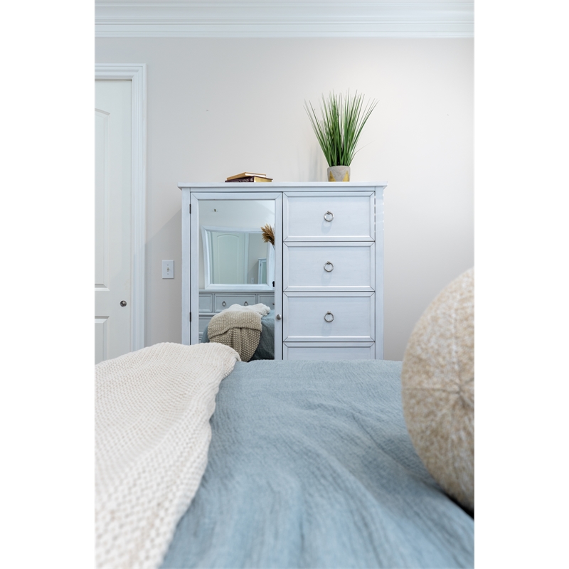 Pemberly Row Contemporary Mirrored Door Chest in White & Soft Grey Glaze