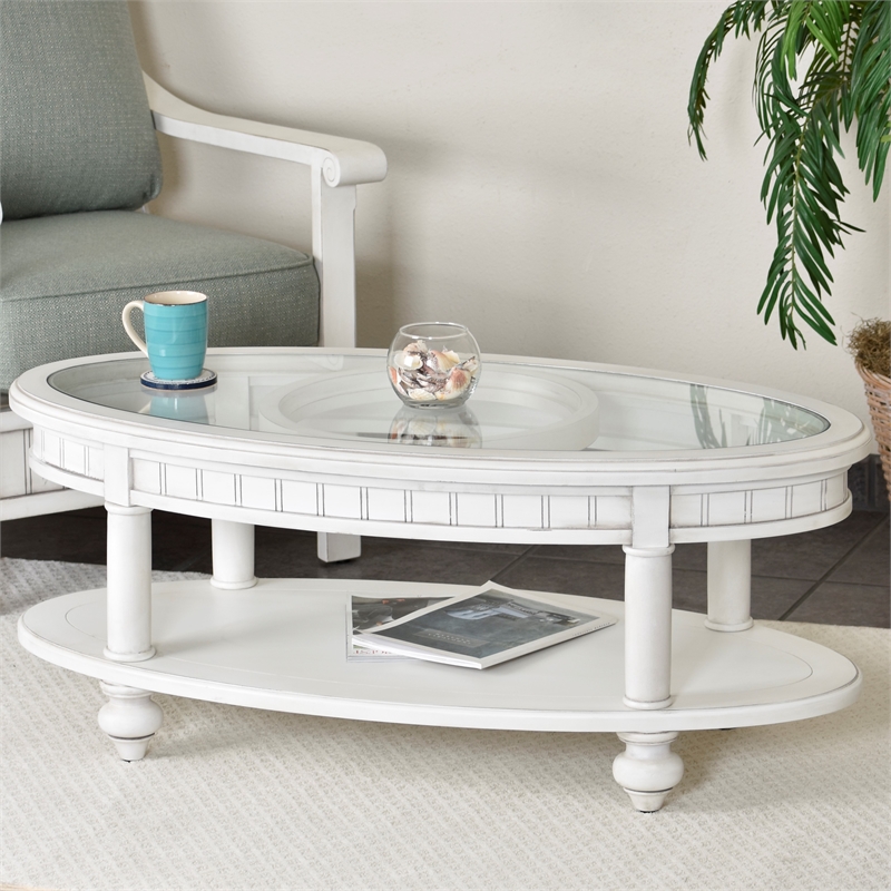 Pemberly Row Contemporary Oval Coffee Table with Anchor Insert in White