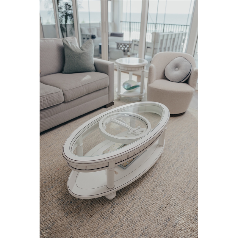 Pemberly Row Contemporary Oval Coffee Table with Anchor Insert in White
