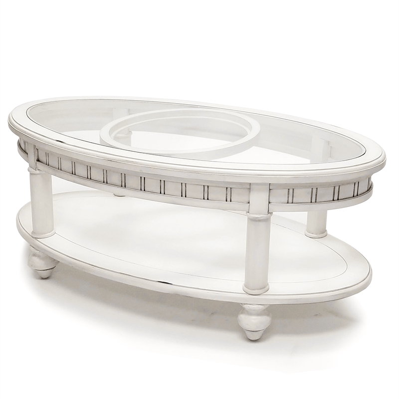 Pemberly Row Contemporary Oval Coffee Table with Anchor Insert in White