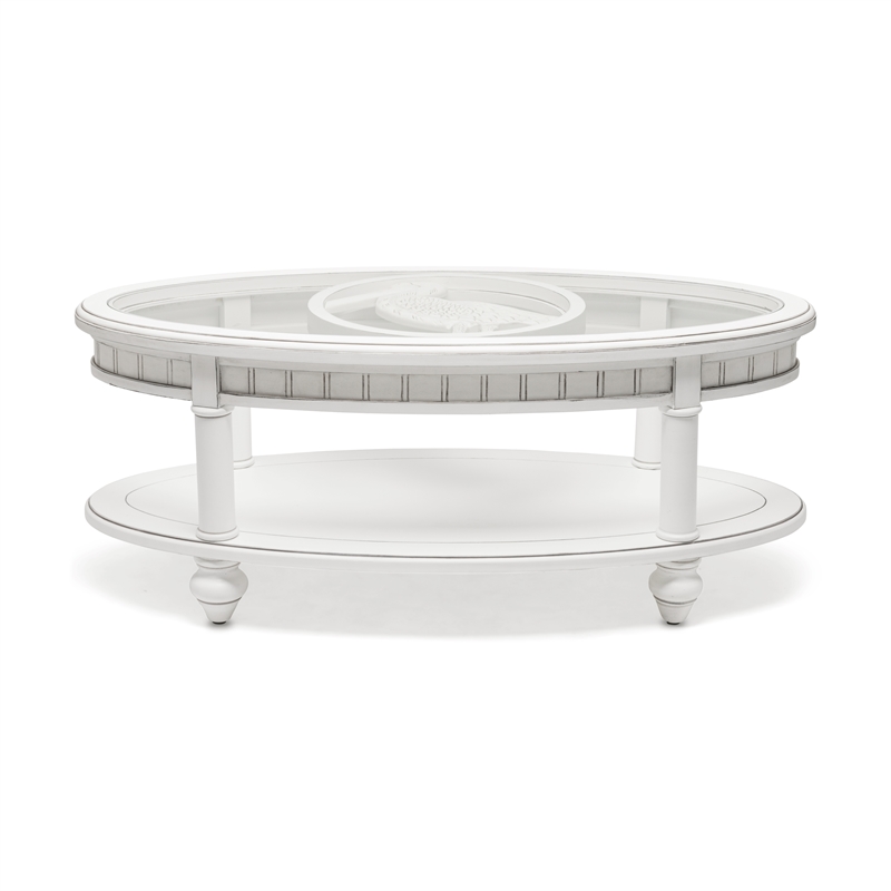 Pemberly Row Contemporary Oval Coffee Table with Anchor Insert in White