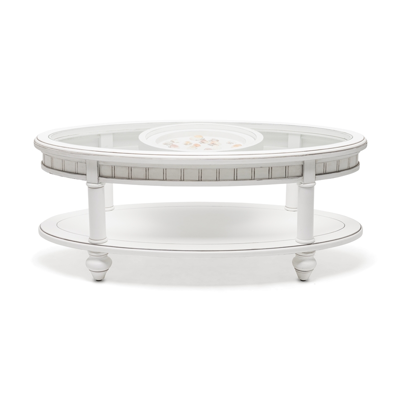 Pemberly Row Contemporary Oval Coffee Table with Anchor Insert in White