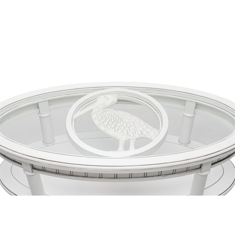 Pemberly Row Contemporary Oval Coffee Table with Palm Insert in White