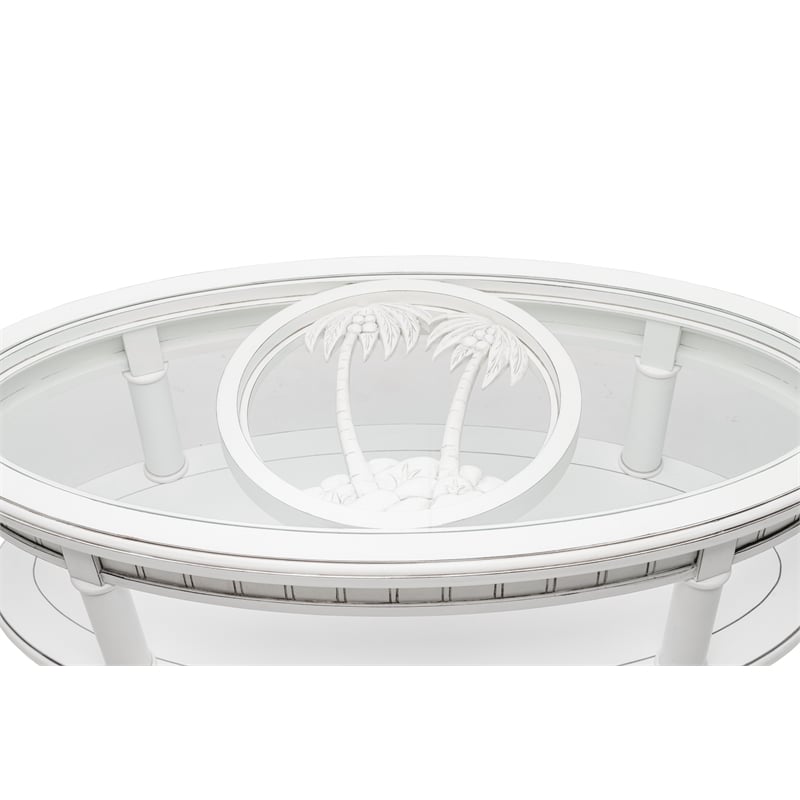 Pemberly Row Contemporary Oval Coffee Table with Pelican Insert in White