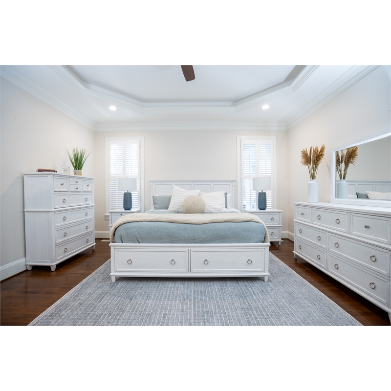 Pemberly Row King Bed with Storage in White & Soft Grey Glaze