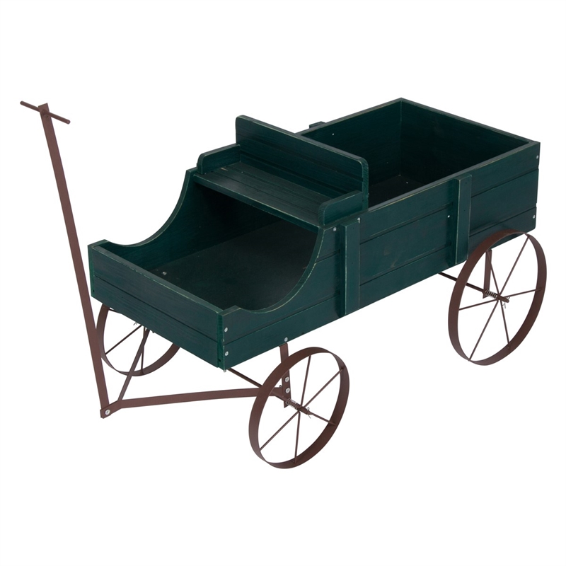 Pemberly Row Large Cedar Wood Decorative Buckboard Wagon Planter in Green