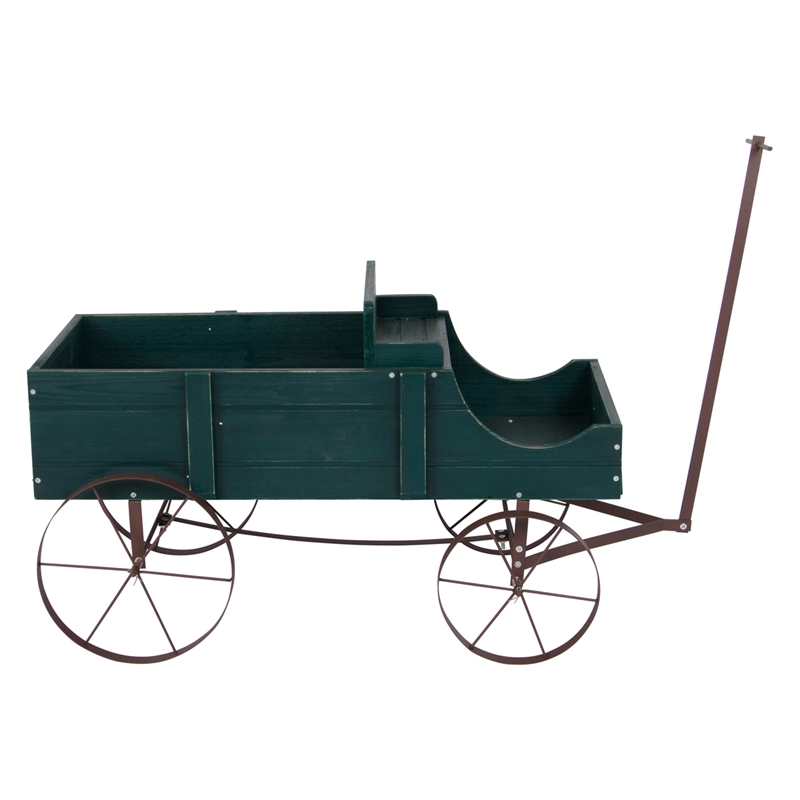 Pemberly Row Large Cedar Wood Decorative Buckboard Wagon Planter in Green