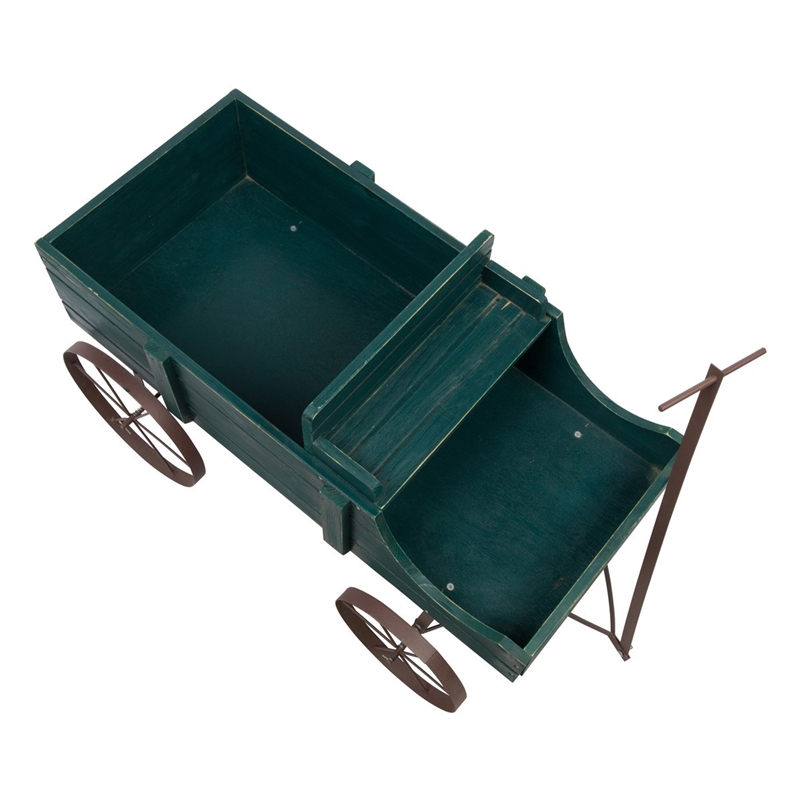 Pemberly Row Large Cedar Wood Decorative Buckboard Wagon Planter in Green
