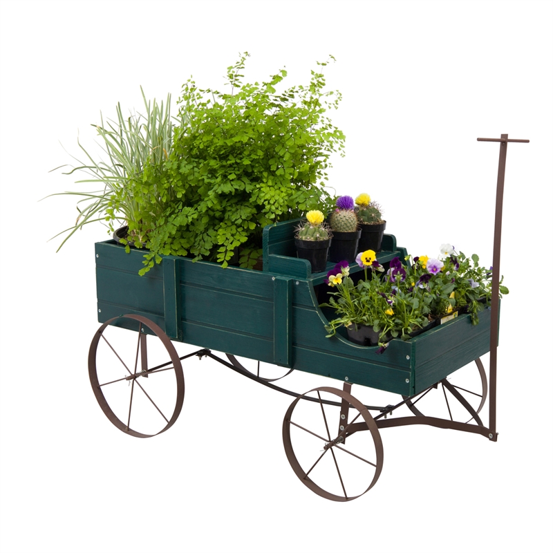 Pemberly Row Large Cedar Wood Decorative Buckboard Wagon Planter in Green