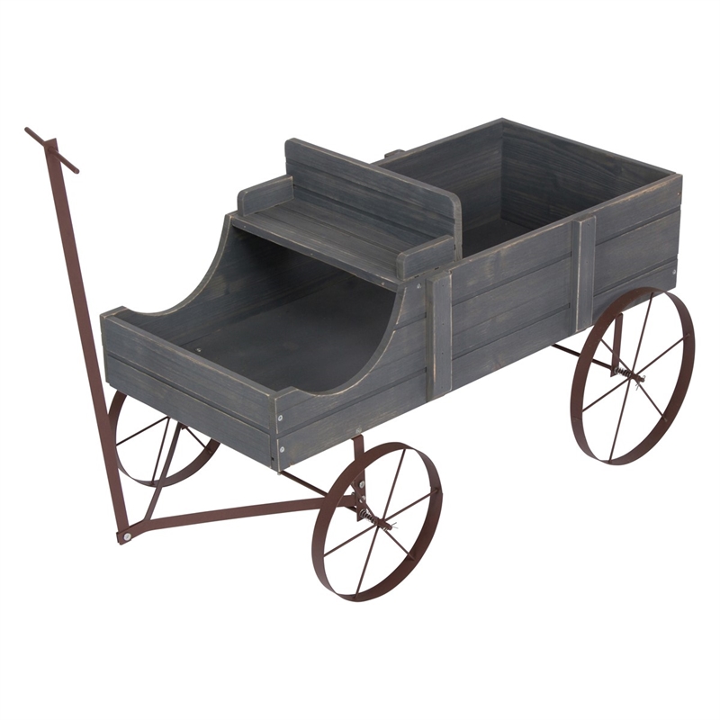 Pemberly Row Large Cedar Wood Decorative Buckboard Wagon Planter in Gray