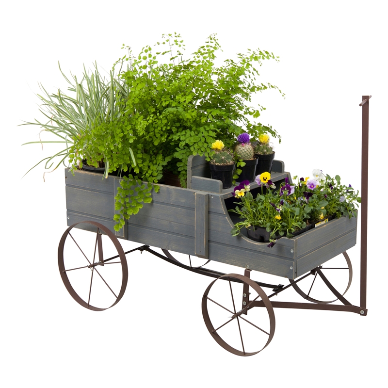 Pemberly Row Large Cedar Wood Decorative Buckboard Wagon Planter in Gray