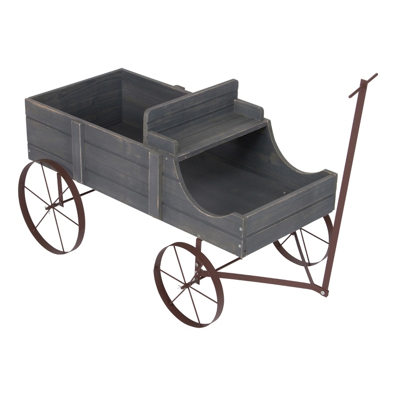 Pemberly Row Large Cedar Wood Decorative Buckboard Wagon Planter in Gray