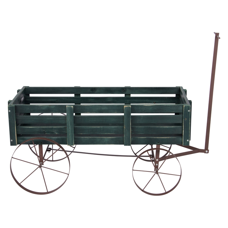Pemberly Row Transitional Cedar Wood Decorative Wagon Garden Planter in Green